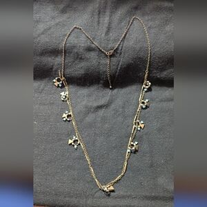 Brass Tone Blue Crystal Beaded Dainty Delicate Long Statement Necklace